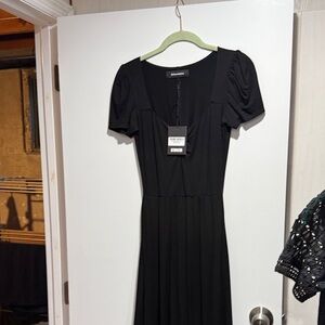 Reformation Black Square-Neck Midi Dress with Short Puff Sleeves